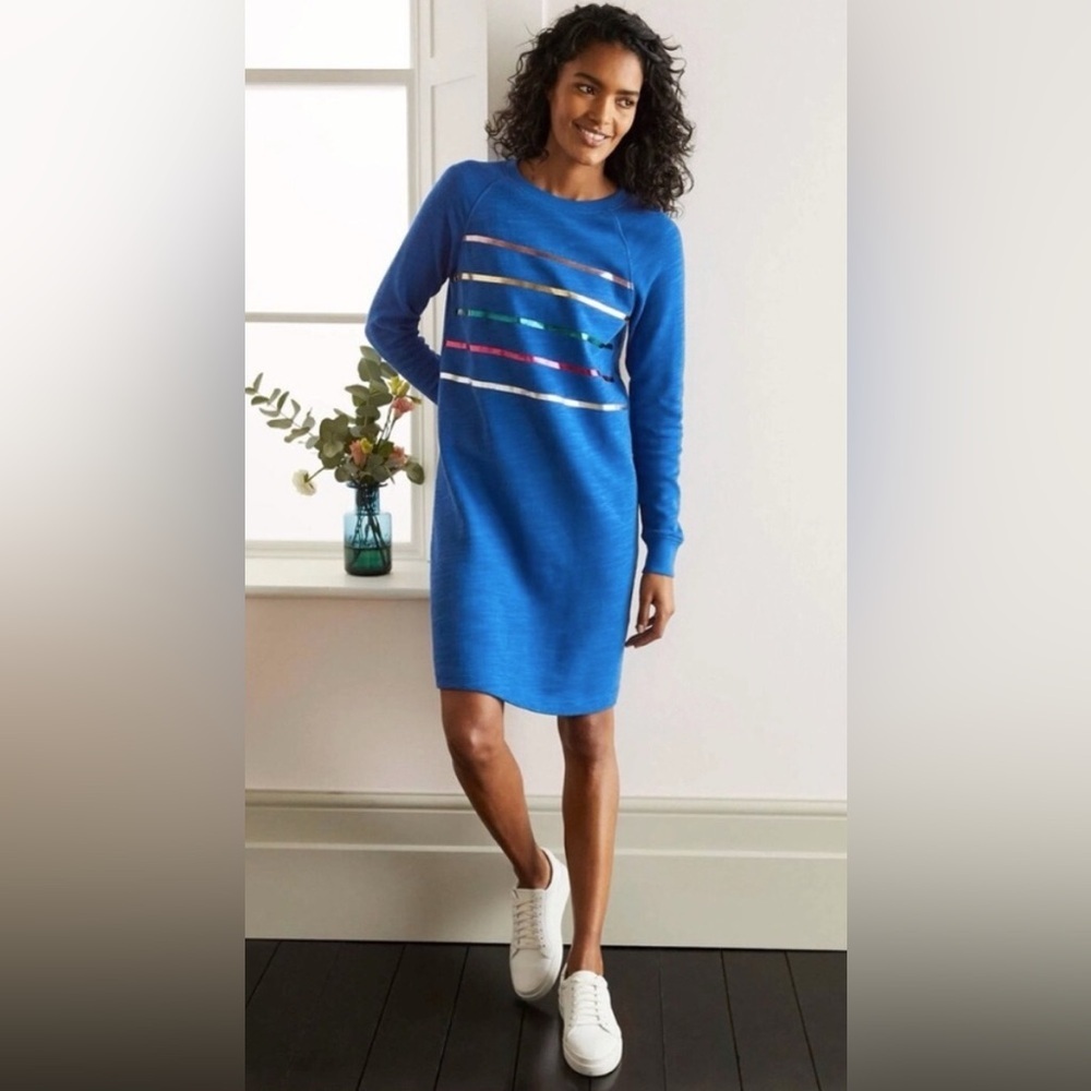 Boden Blue Sweatshirt Dress with Metallic Stripes